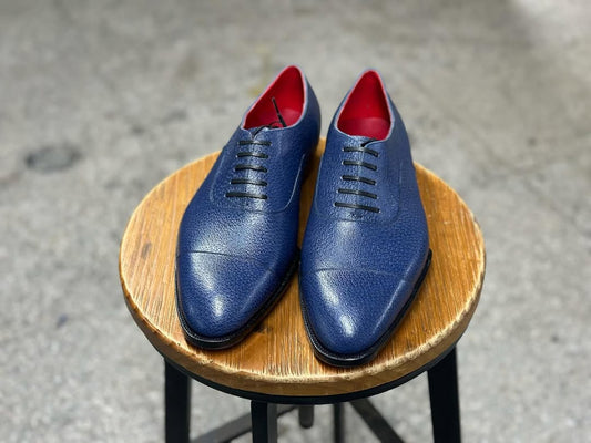 MAGNUS - NAVY BLUE MILLED CAP TOE OXFORD LACEUP