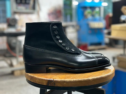 BUTTONED ELEGANCE BLACK VELVET BOOT