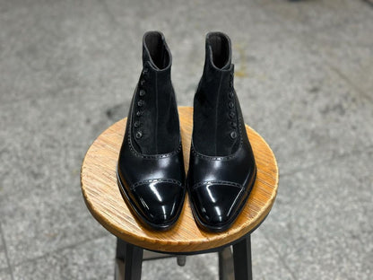 BUTTONED ELEGANCE BLACK VELVET BOOT