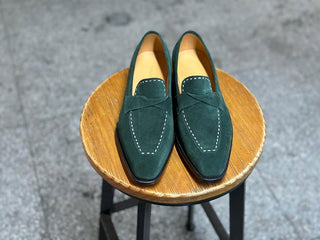 CLEMENT - GREEN SUEDE TWIST STRAP PENNY LOAFERS