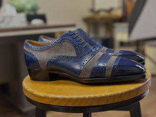 ORSO || NAVY PATINA & GREY SUEDE OXFORDS LACUPS IN FIDDLEBACK SOLE