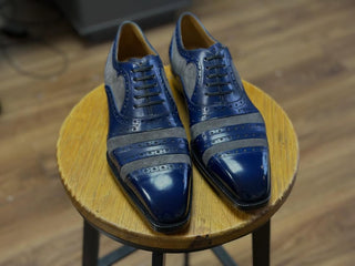 ORSO || NAVY PATINA & GREY SUEDE OXFORDS LACUPS IN FIDDLEBACK SOLE