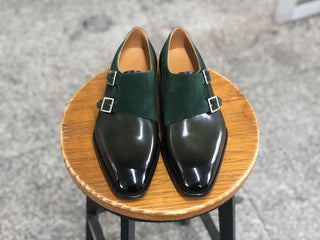 ALAIN - GREEN LEATHER+SUEDE DOUBLE MONK STRAPS