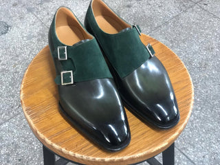 ALAIN - GREEN LEATHER+SUEDE DOUBLE MONK STRAPS