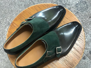 ALAIN - GREEN LEATHER+SUEDE DOUBLE MONK STRAPS