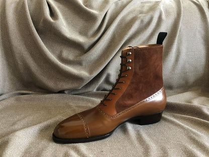 BRANDT - BROWN LEATHER AND SUEDE BALMORAL BOOTS