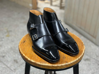 WILLARD || BLACK BOX CALF DOUBLE MONK BOOTS IN FIDDLEBACK SOLE